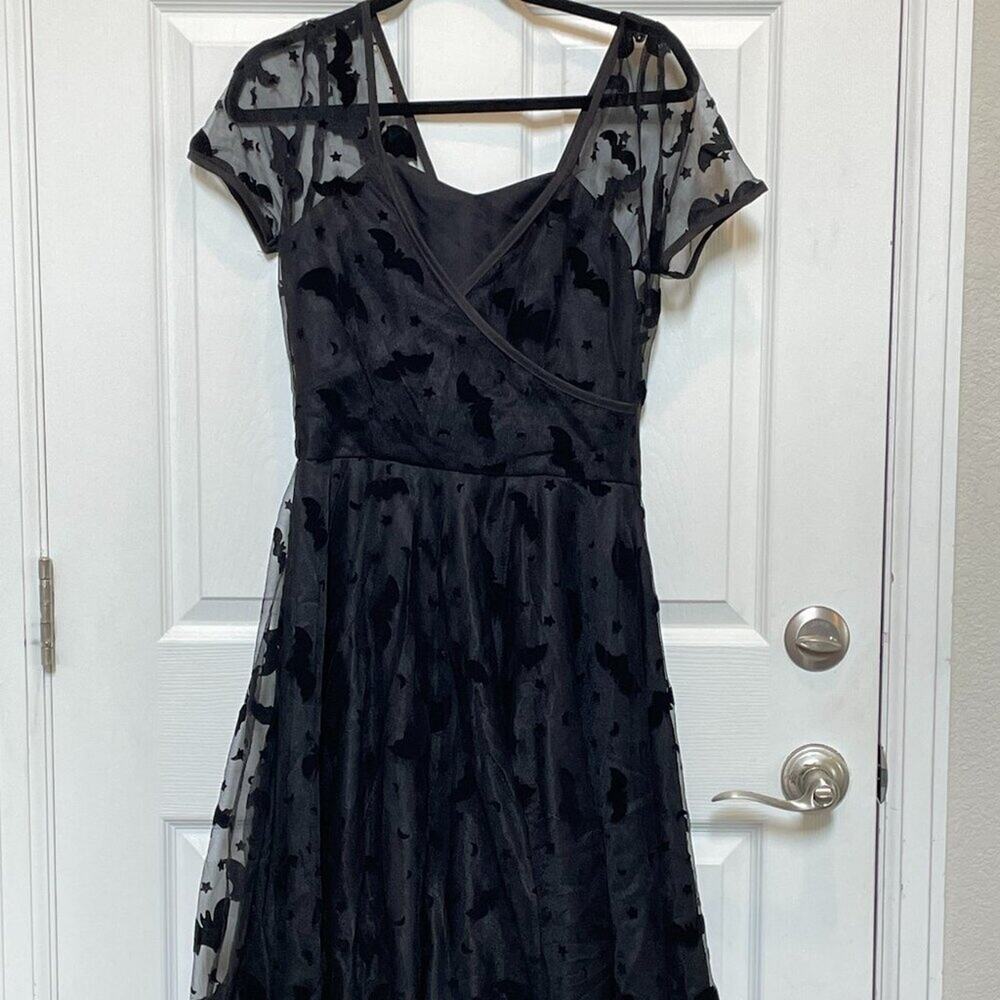 Unique Vintage X Magnolia Place Bat Flock Print Faux Wrap Black Dress Sz M #